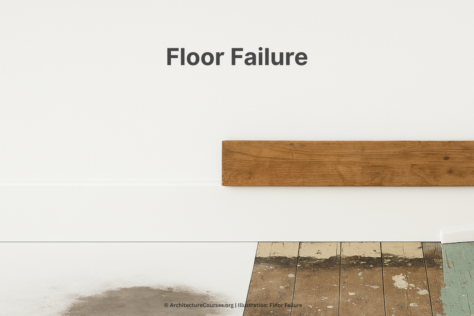 Damaged hardwood floor with warped boards and dark moisture stains along wall base.