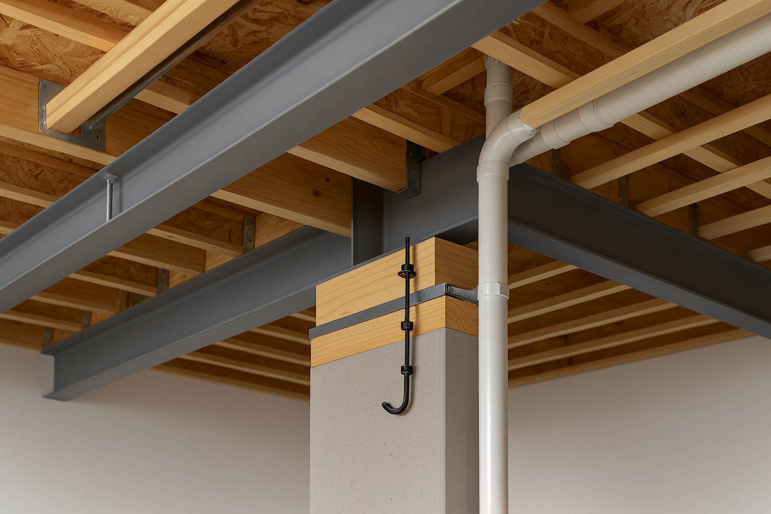 Floor framing cutaway showing joists, beams, and subfloor assembly.
