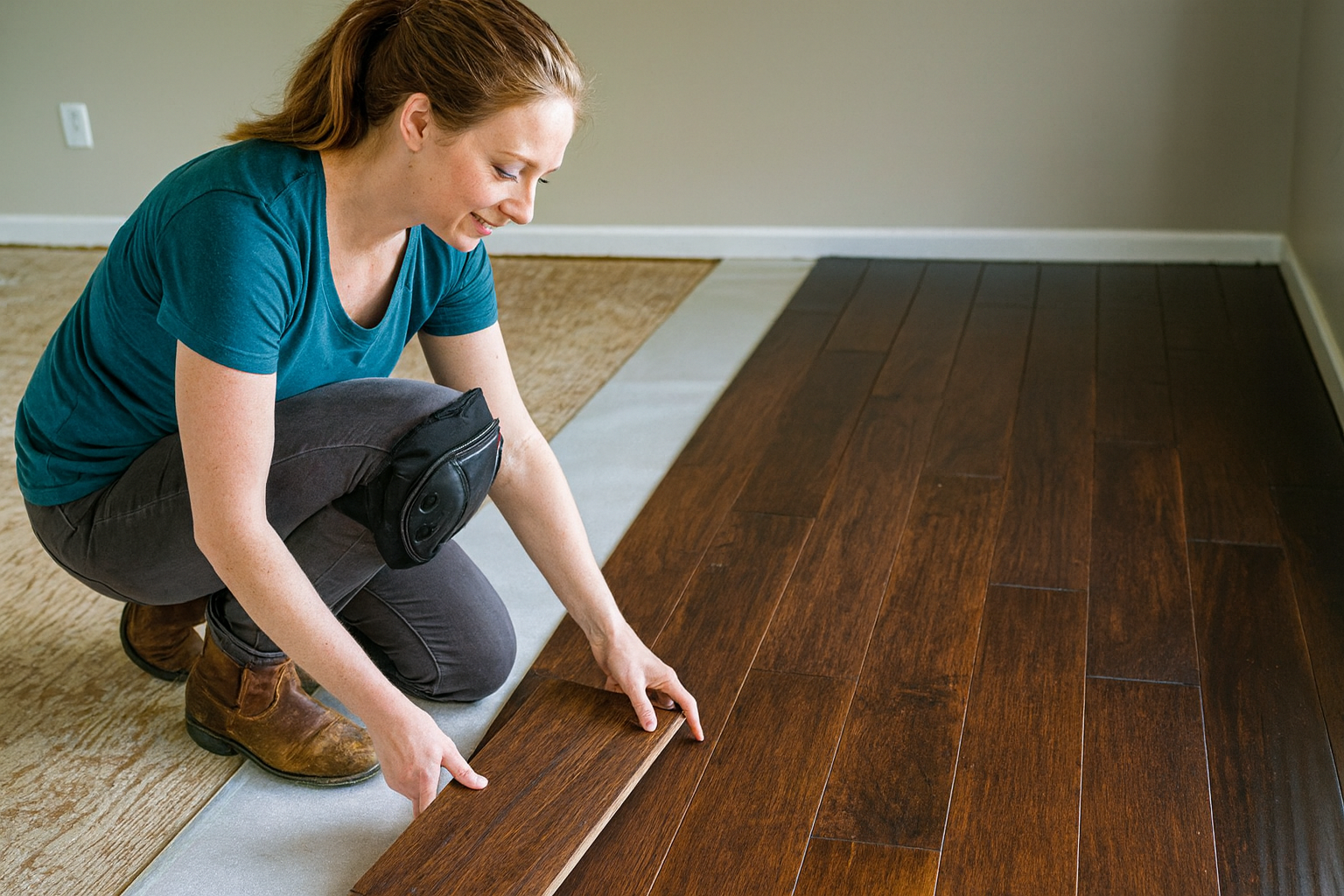 DIY installer laying a hardwood plank during floor installation.