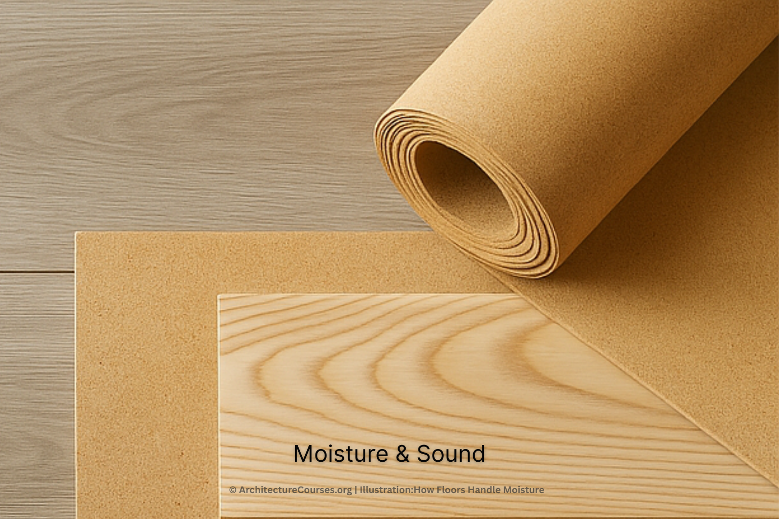 Floor layers showing moisture protection and sound insulation.