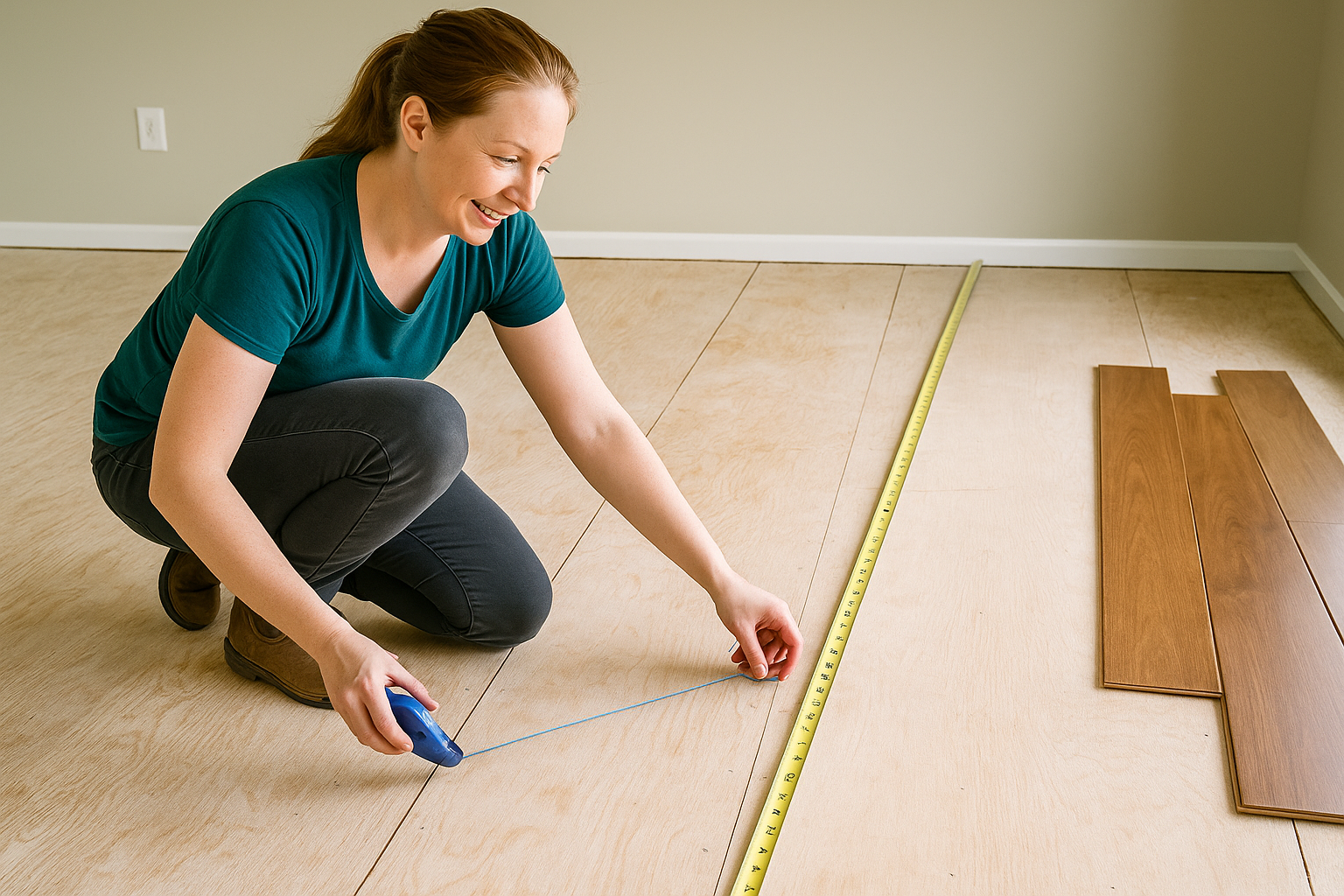 Installer checks room size and snaps a layout line to avoid skinny edge boards.