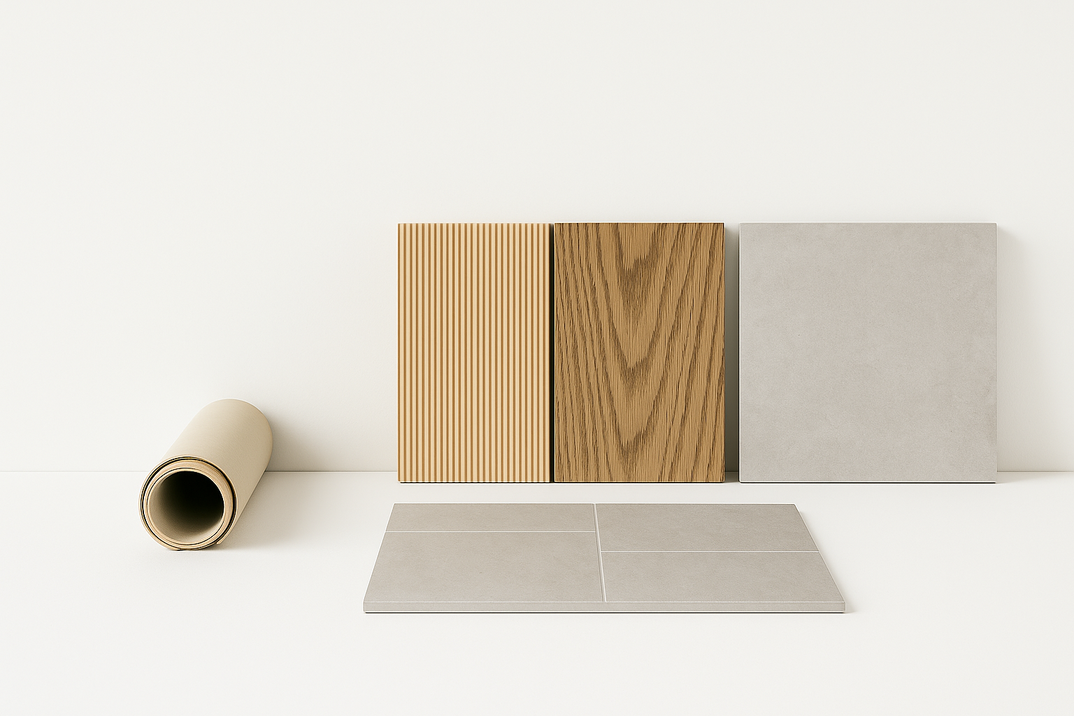 Samples of floor materials including wood, tile, and concrete.
