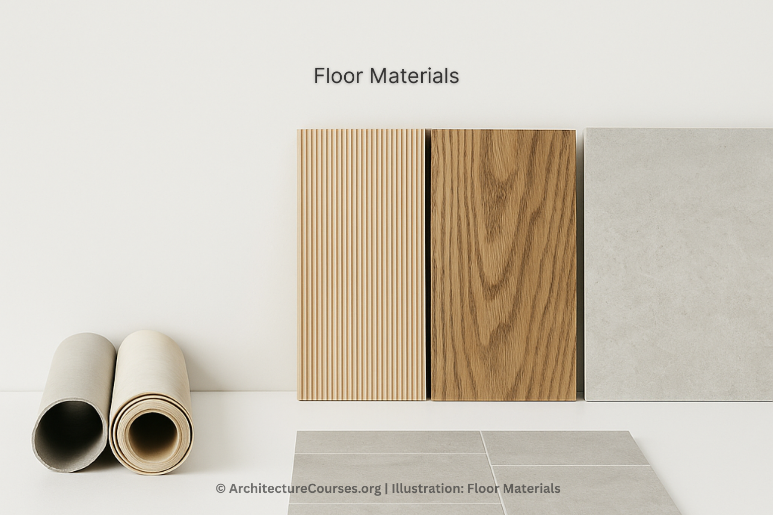 Samples of floor materials including wood, tile, and concrete.