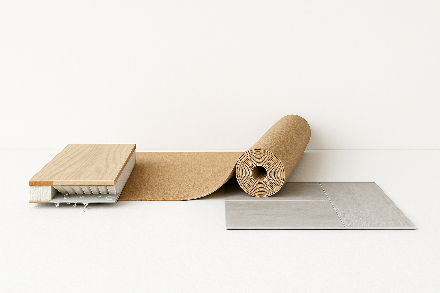 Cross-section view showing floor structure layers including insulation, vapor barrier, and surface finish.