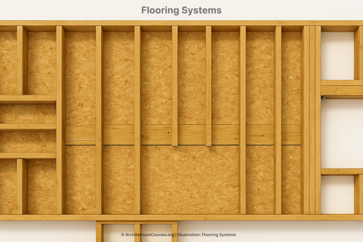 Close-up of a flooring system showing joists, subfloor, and finish layers.