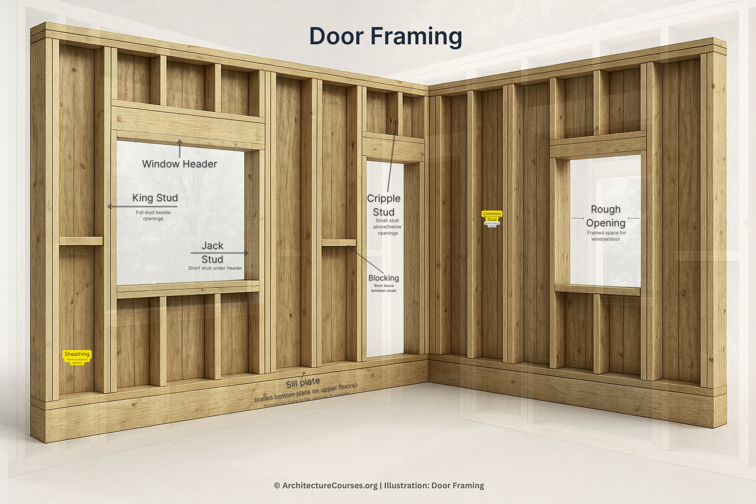 Infographic showing how to frame a wall with a door opening, including header, king studs, and jack studs.