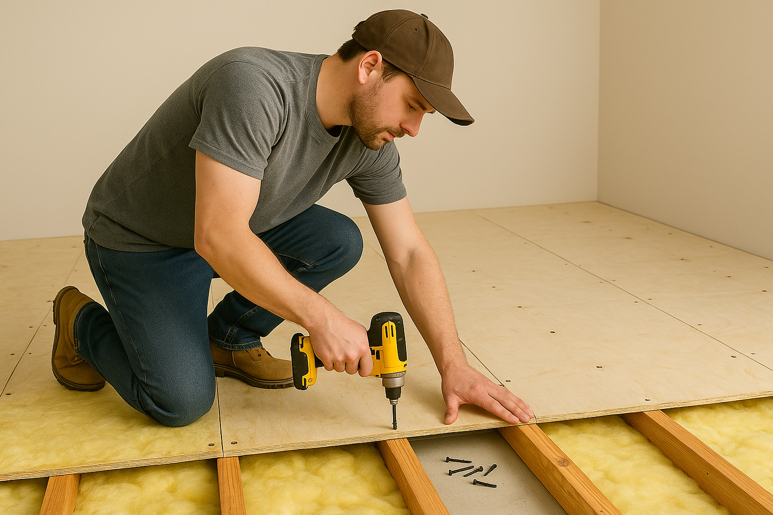 A worker kneeling and securing subfloor sheathing to a 2x4 joist with proper screw placement.