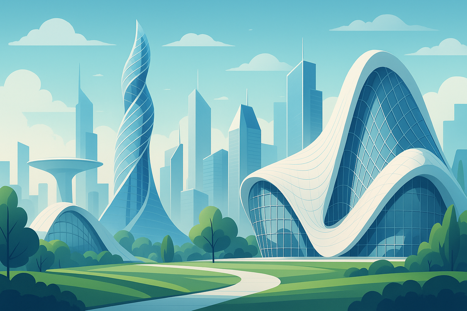 Futuristic cityscape with innovative sustainable architecture and organic building forms.