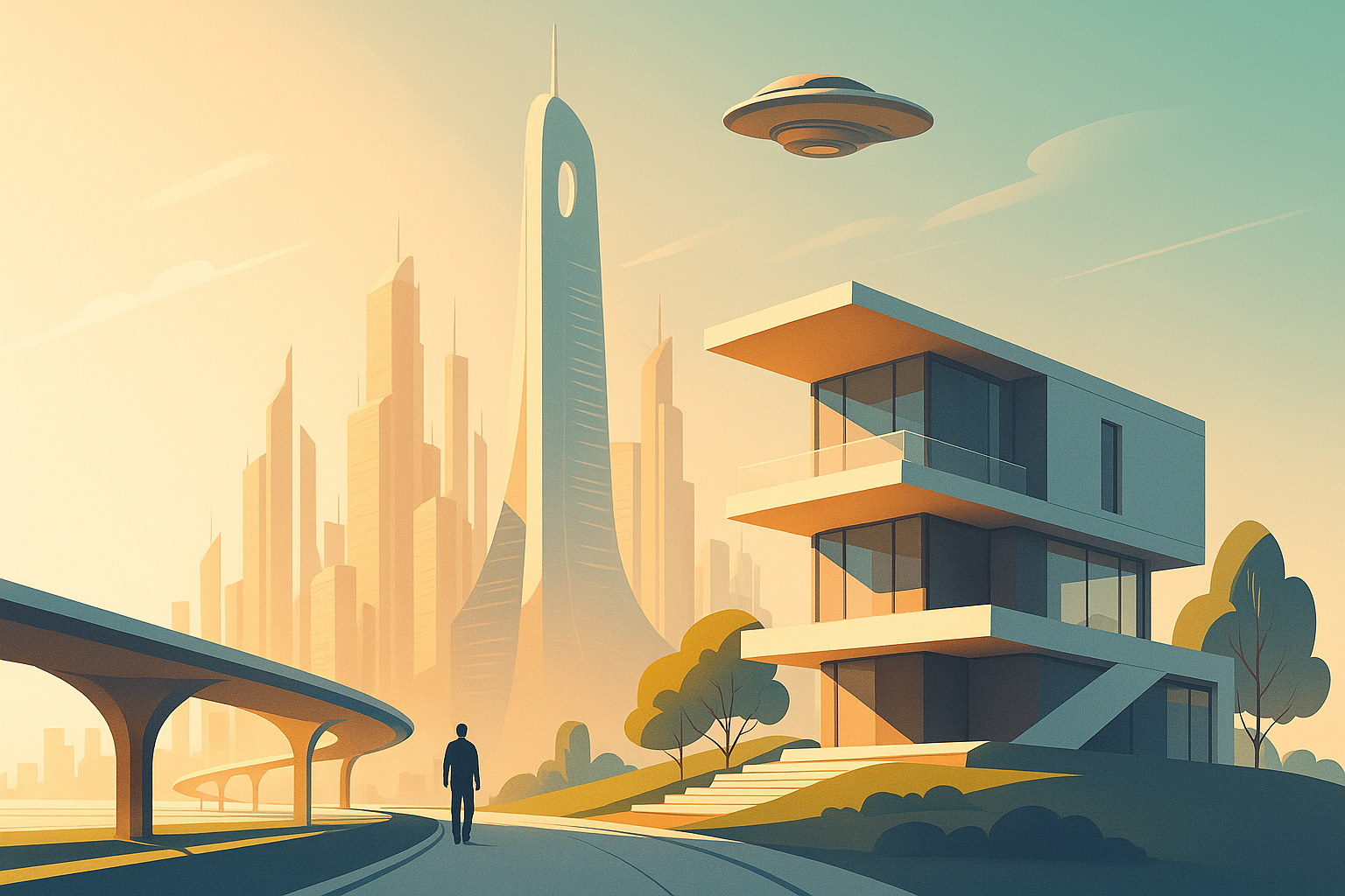 Futuristic city with modern buildings, glass homes, and elevated roads.