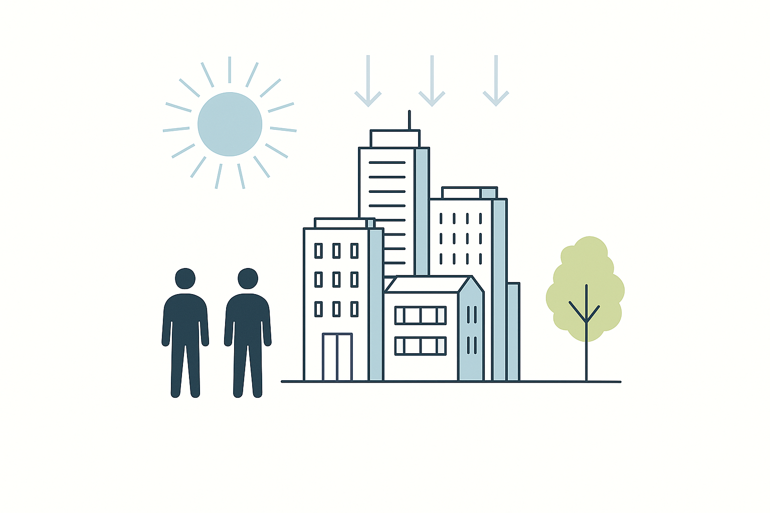 An infographic of city structures, climate forces, and human presence under architectural pressure.