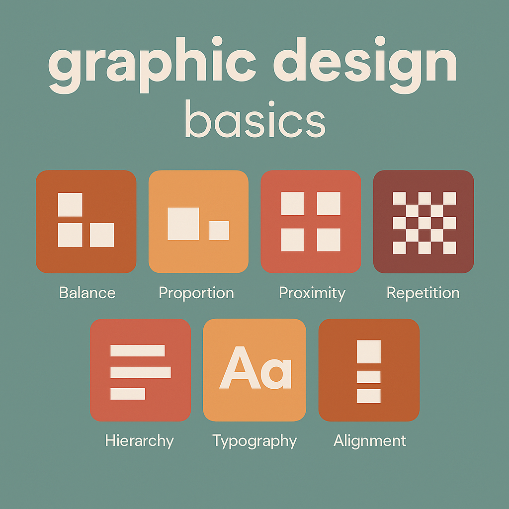 Infographic showing basic graphic design principles with geometric icons and modern colors.