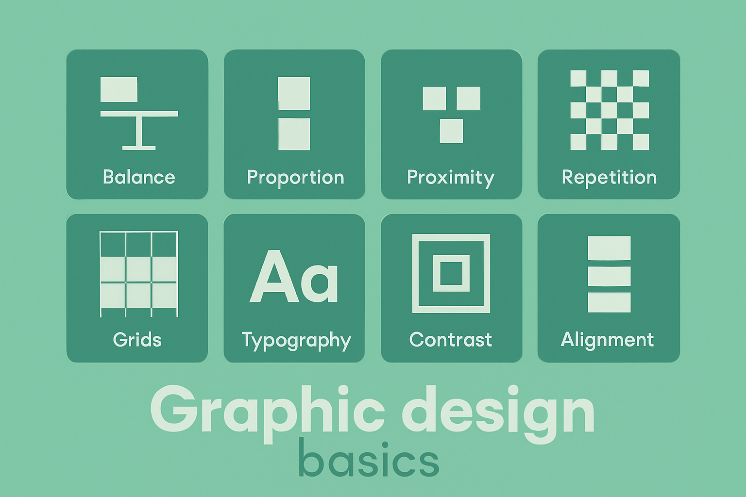 Infographic illustrating graphic design basics with simple geometric icons.