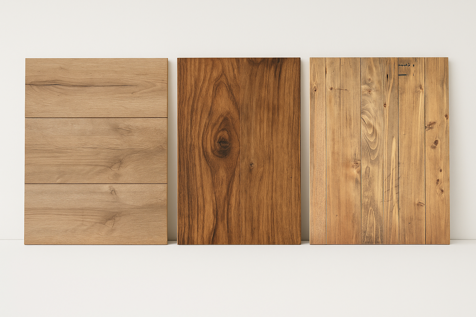 Three hardwood floor samples in different tones and grains.