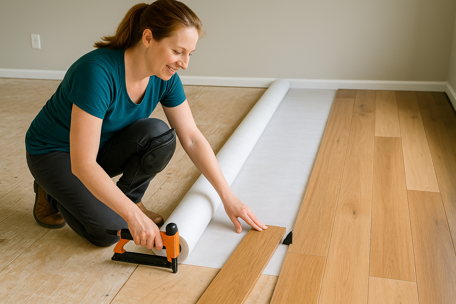 Underlayment layer used beneath hardwood flooring for stability and sound reduction.