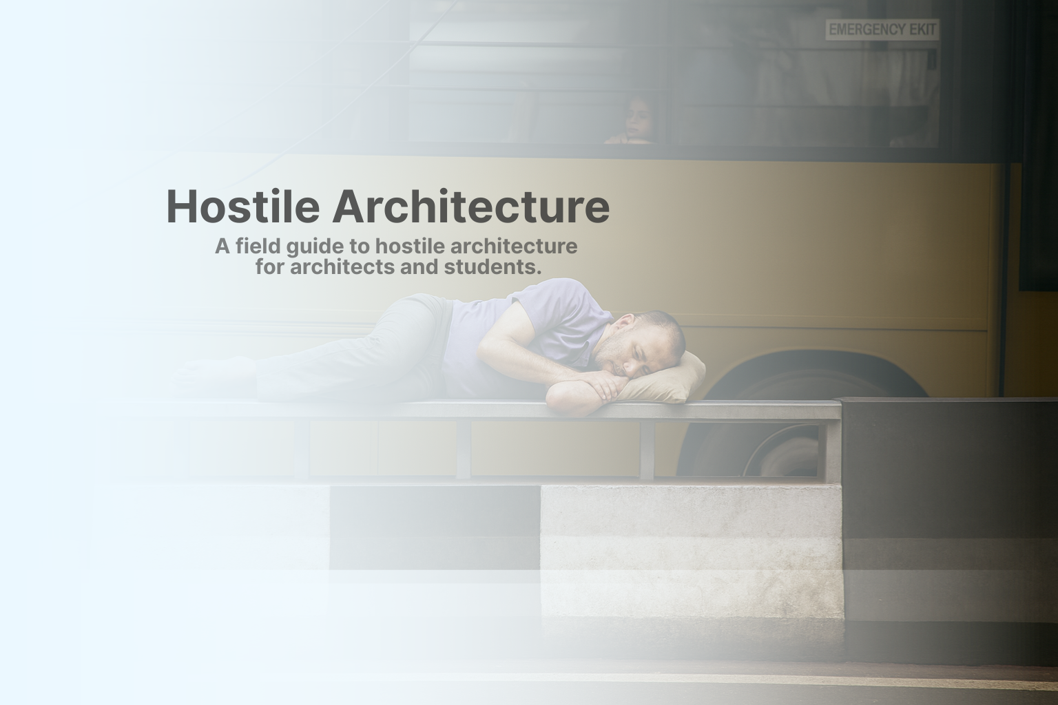Conceptual photo showing hostile urban architecture with anti-homeless design elements integrated into public spaces.