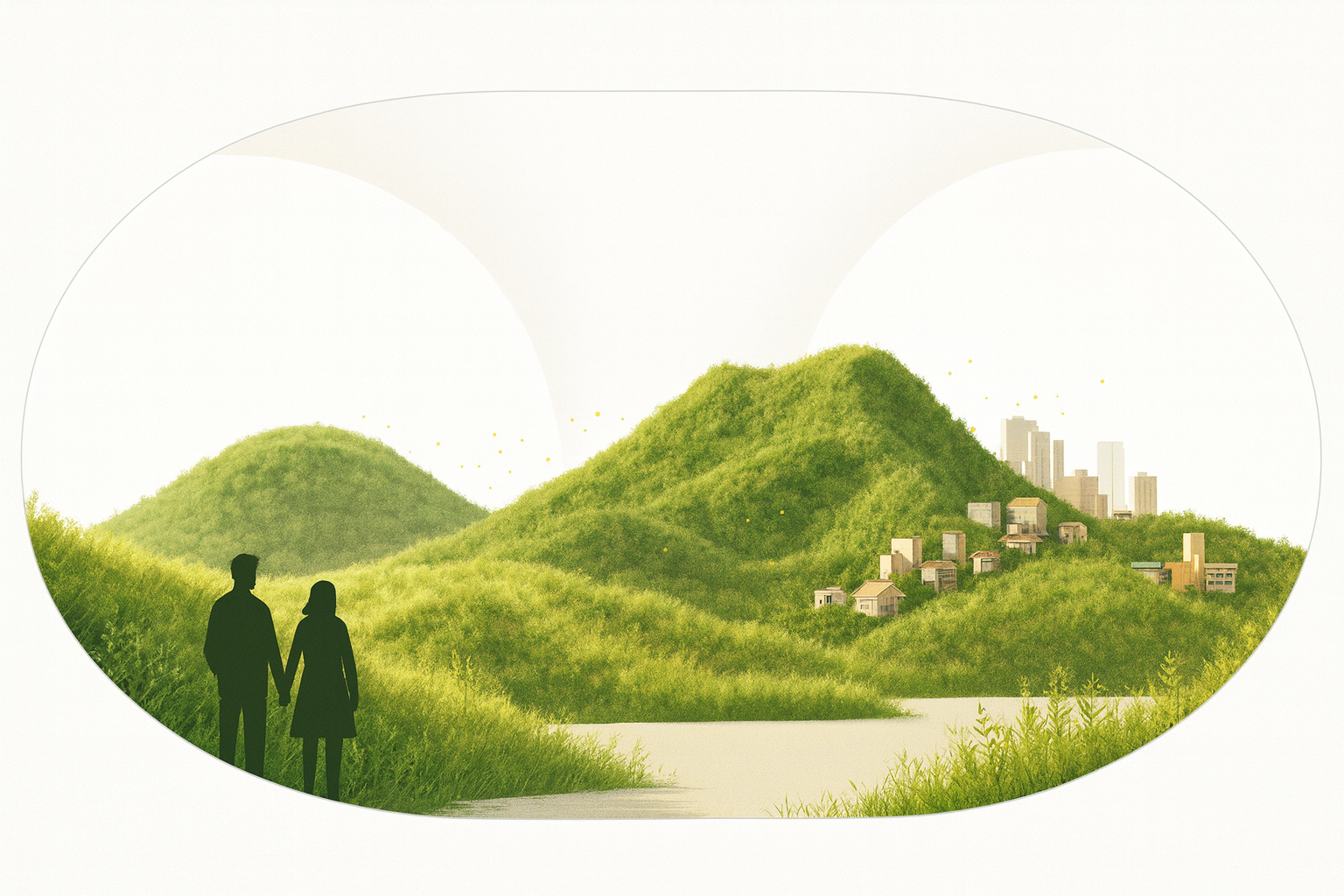 Conceptual image showing harmony between people, architecture, and nature in a bright minimalist setting.