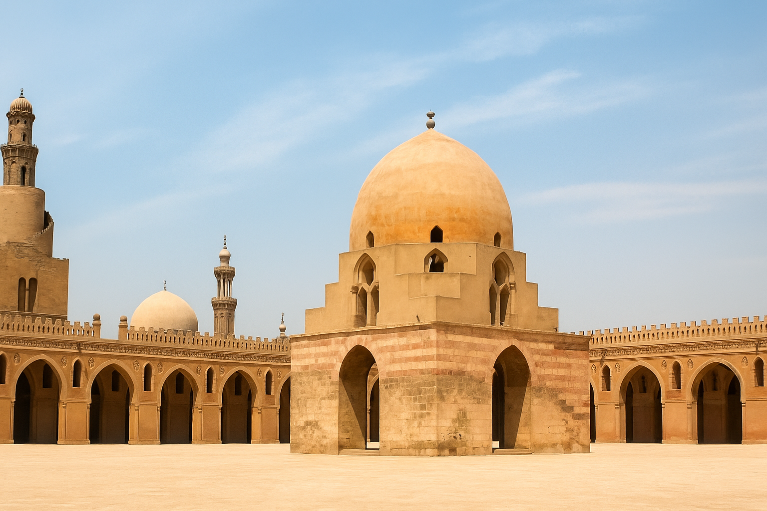 Courtyard of the Mosque of Ibn Tulun in Cairo, viewed from front angle.
