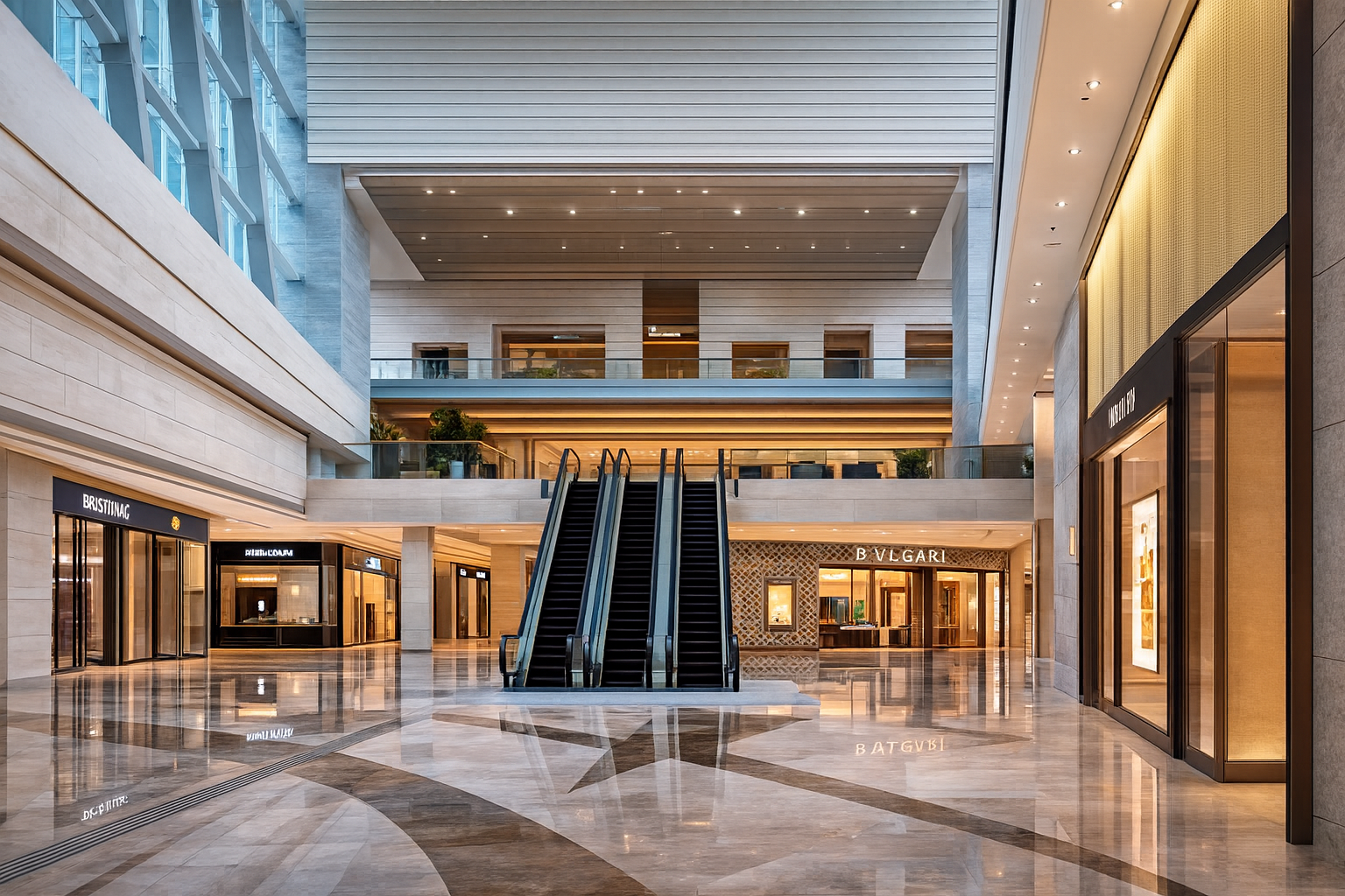 Luxury commercial atrium with warm lighting, open space, and escalators.