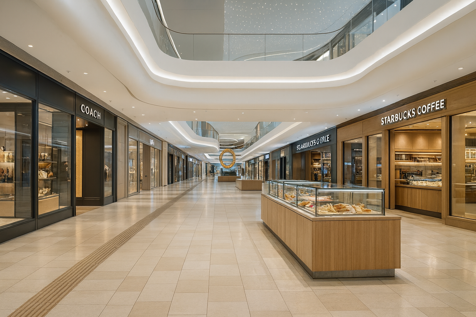 Modern commercial mall corridor featuring branded storefronts and contemporary interior design.
