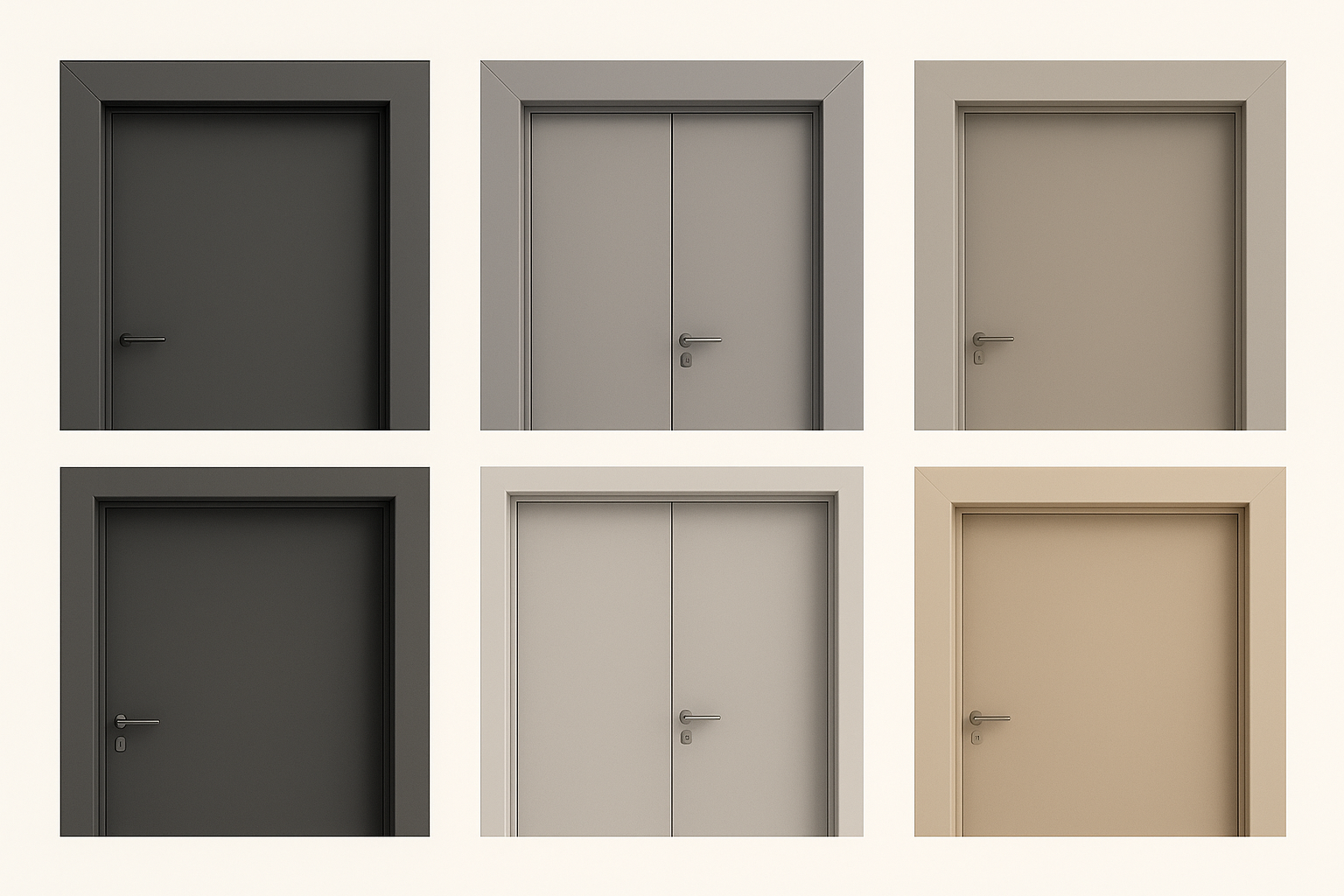 Modern metal door frame designs in steel and aluminum with brushed, matte, and painted finishes.