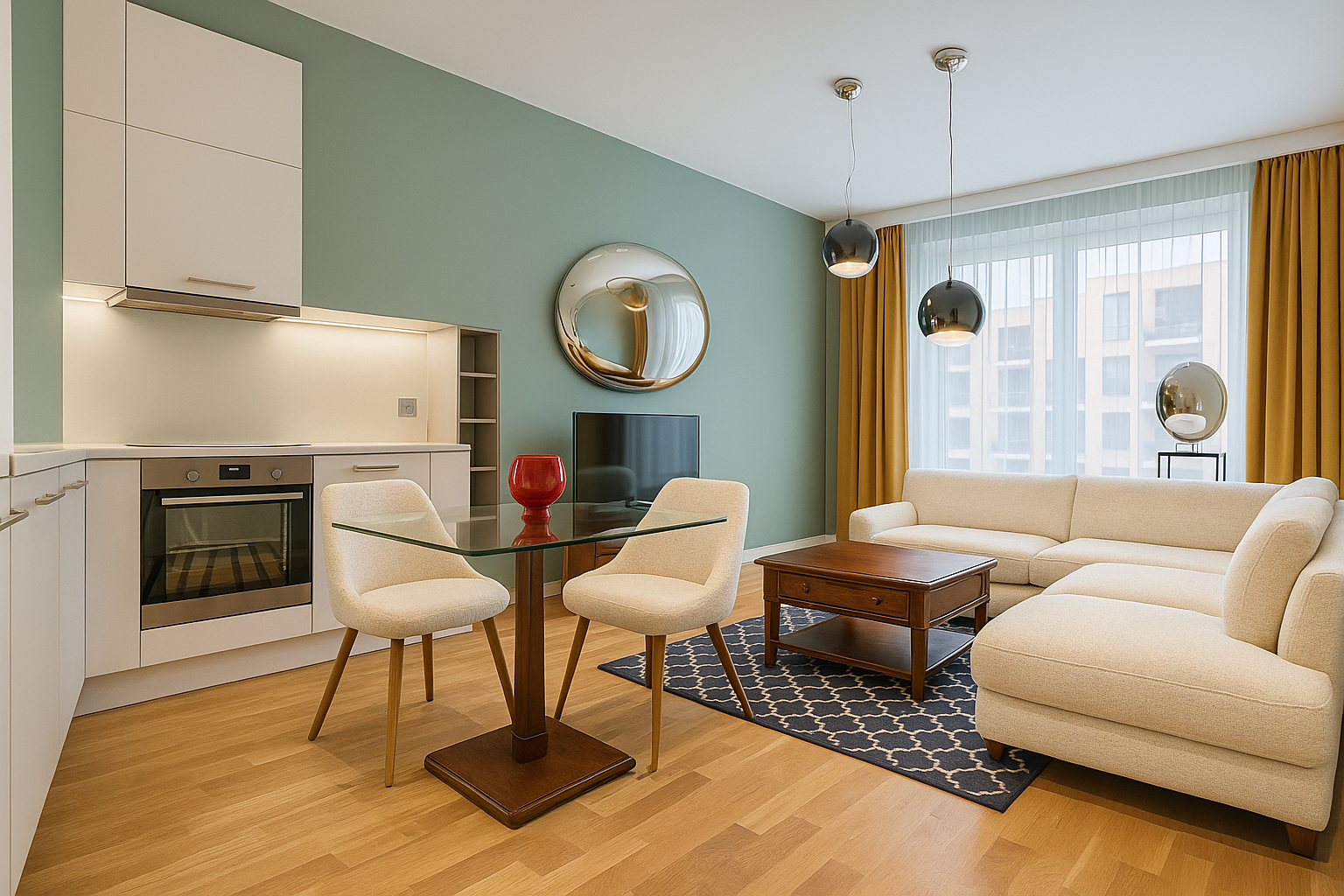 Stylish modern apartment with open kitchen, glass dining table, and cozy living area.