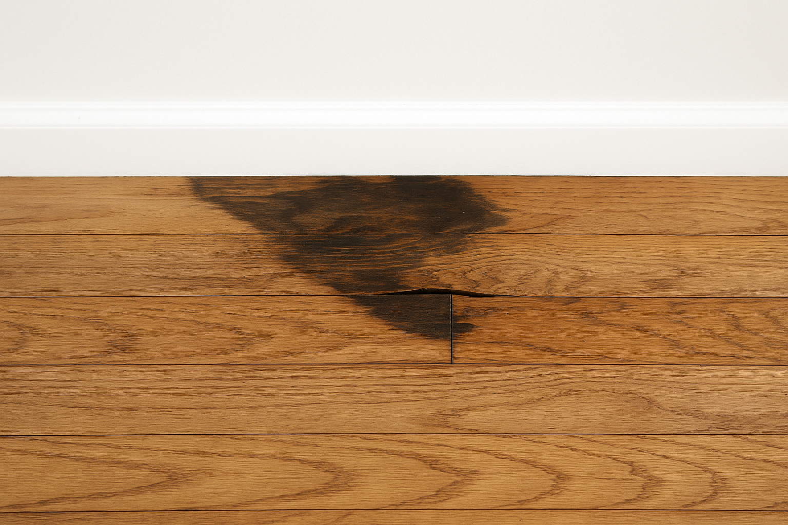 Hardwood floor with dark water stain near wall baseboard.