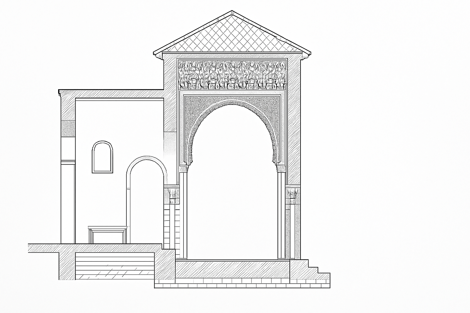 Section cut of a Nasrid horseshoe arch with columns, stucco ornament, and brick vault structure.