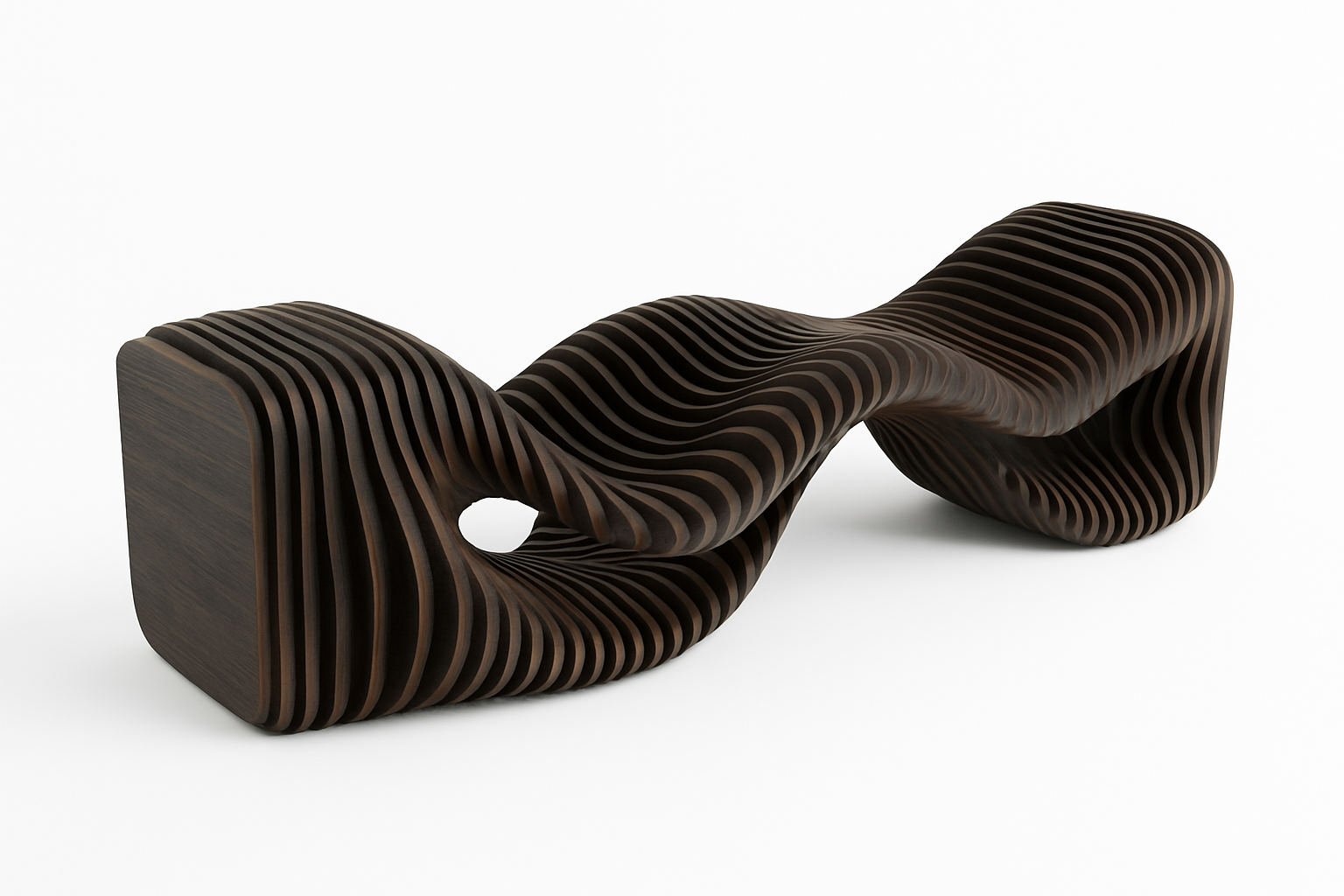 Dark wooden bench with parametric patterns.