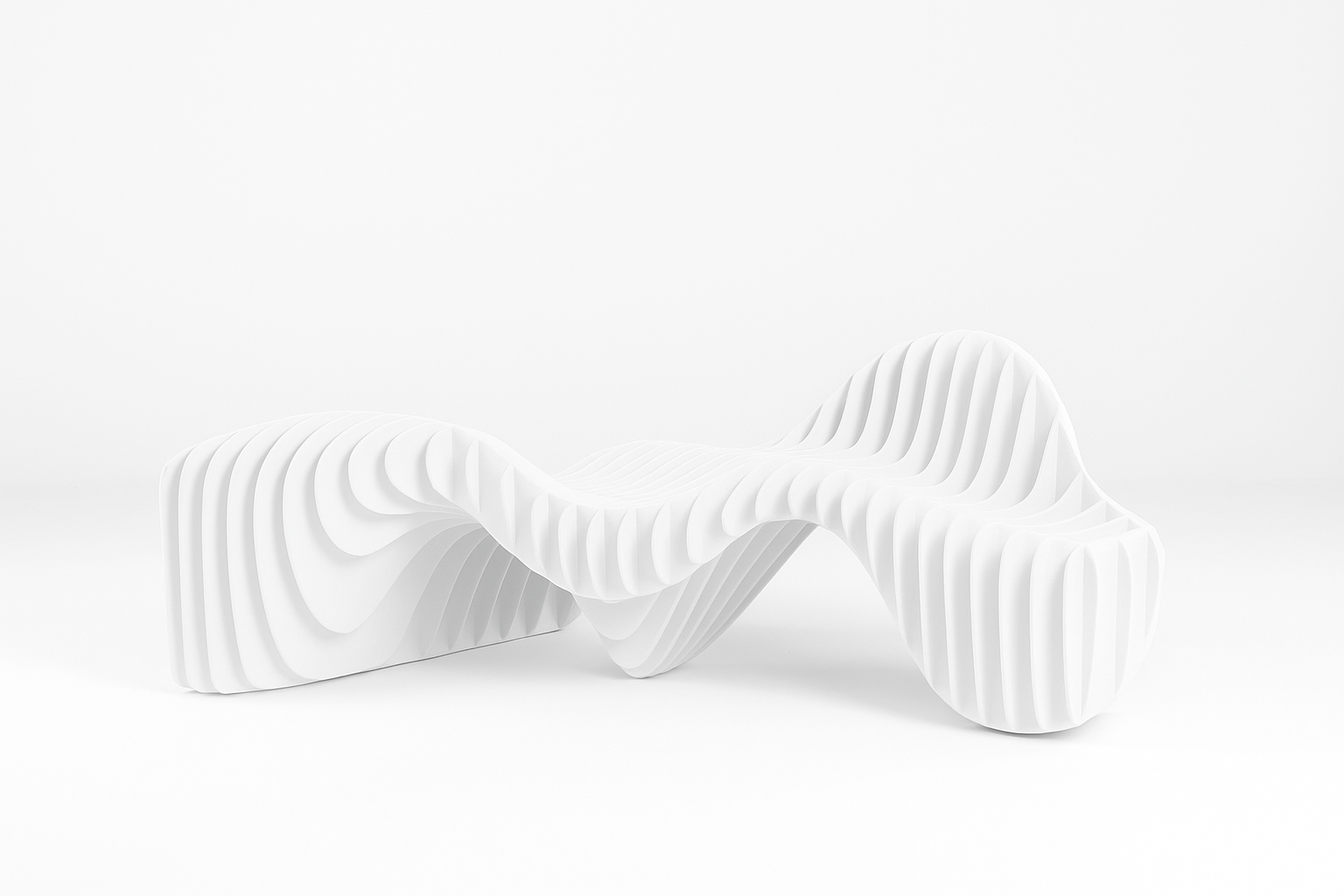 White wooden bench with parametric patterns.