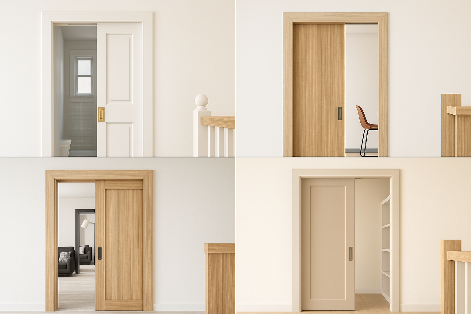 Collage of pocket door frames showing different designs, materials, and installation methods.