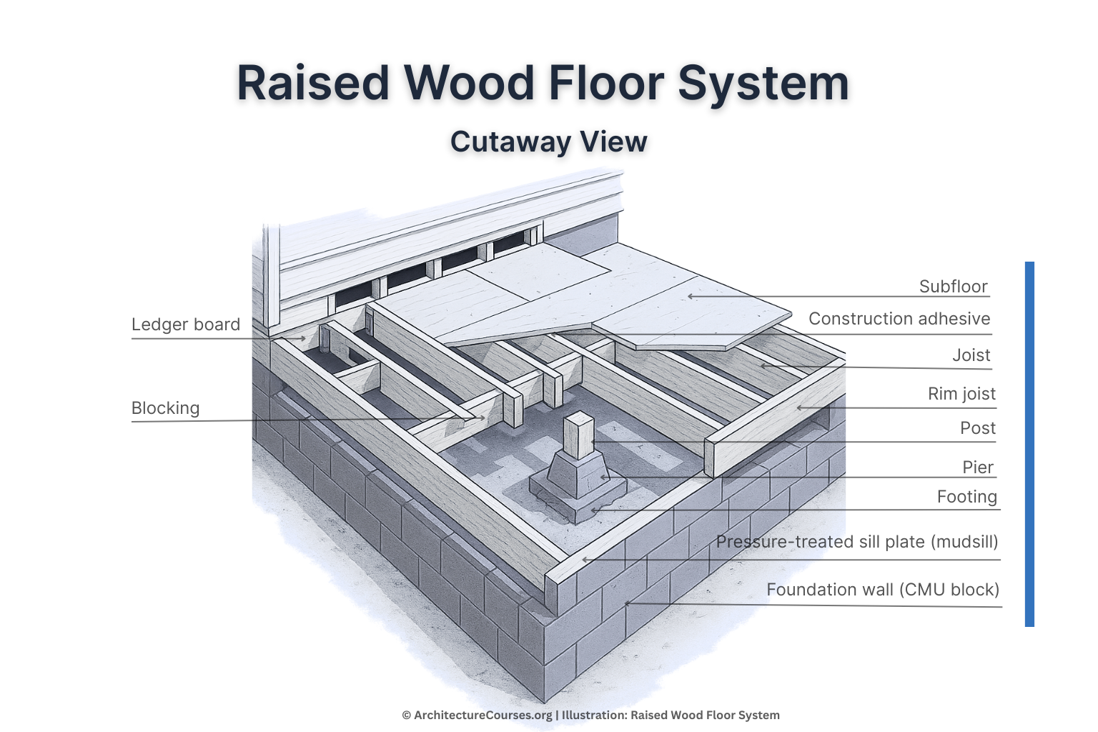 Diagram of a raised floor system showing framing components and structural layout.