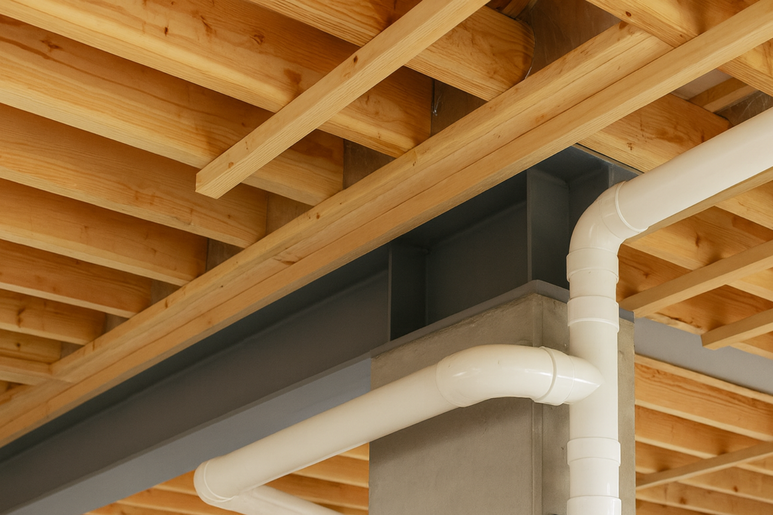 Structural floor system with joists, beams, and layered subfloor components.