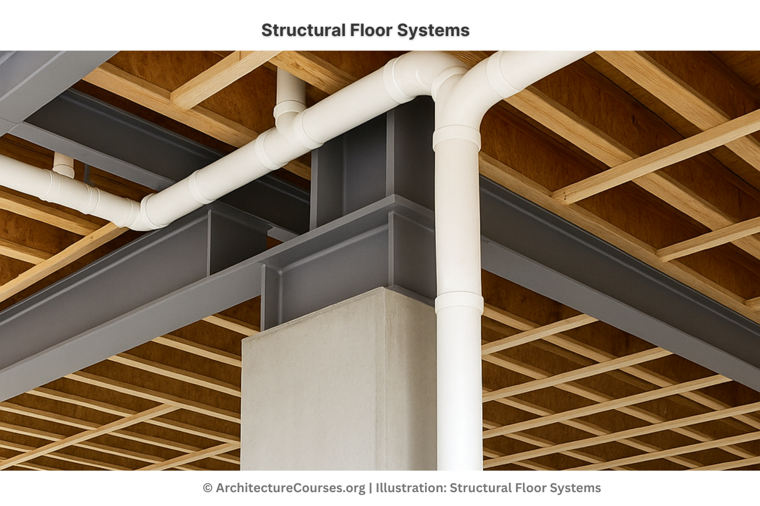 Structural floor system showing joists, beams, and subfloor layers.
