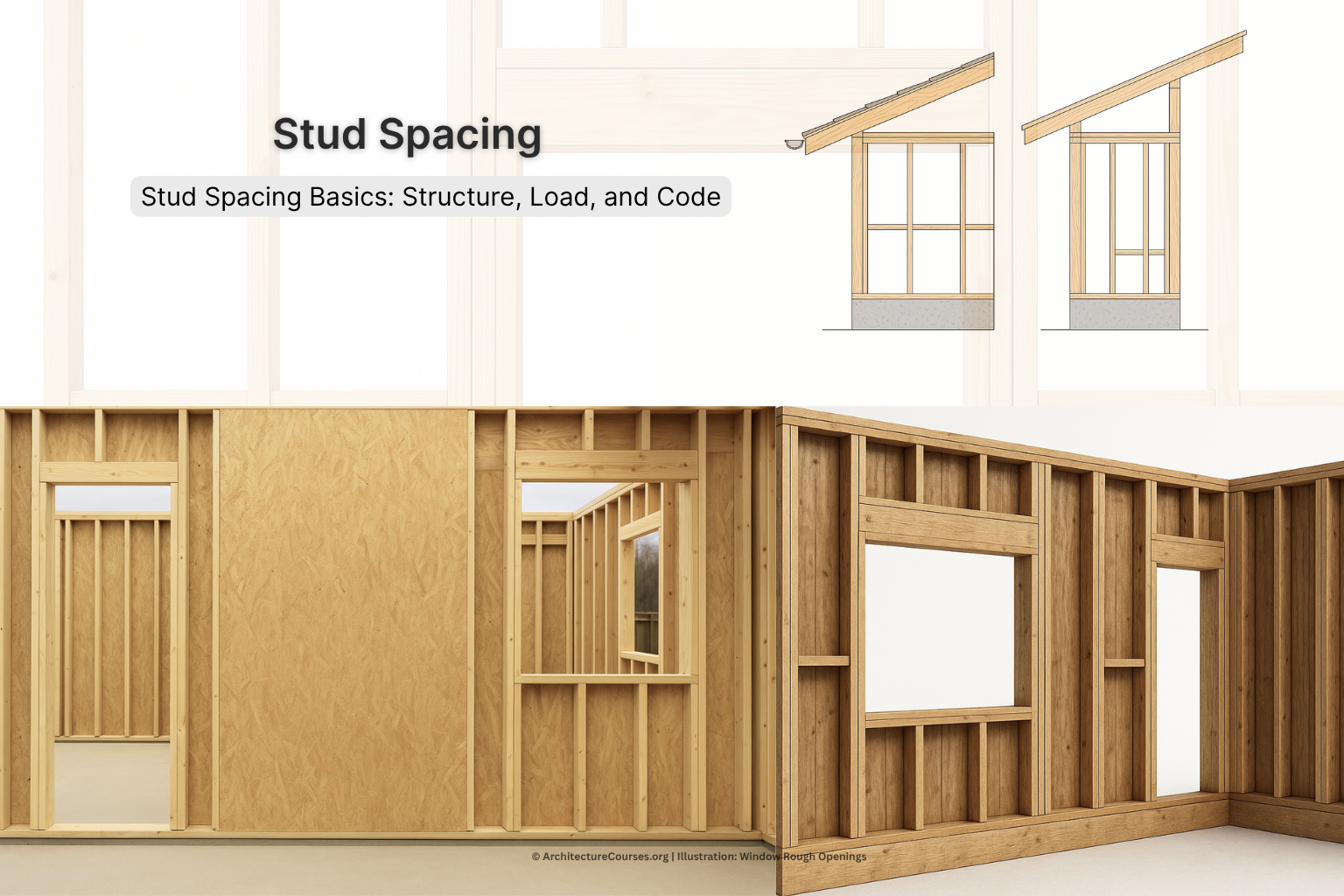 Diagram showing typical stud spacing in a wood-framed wall with measurements.