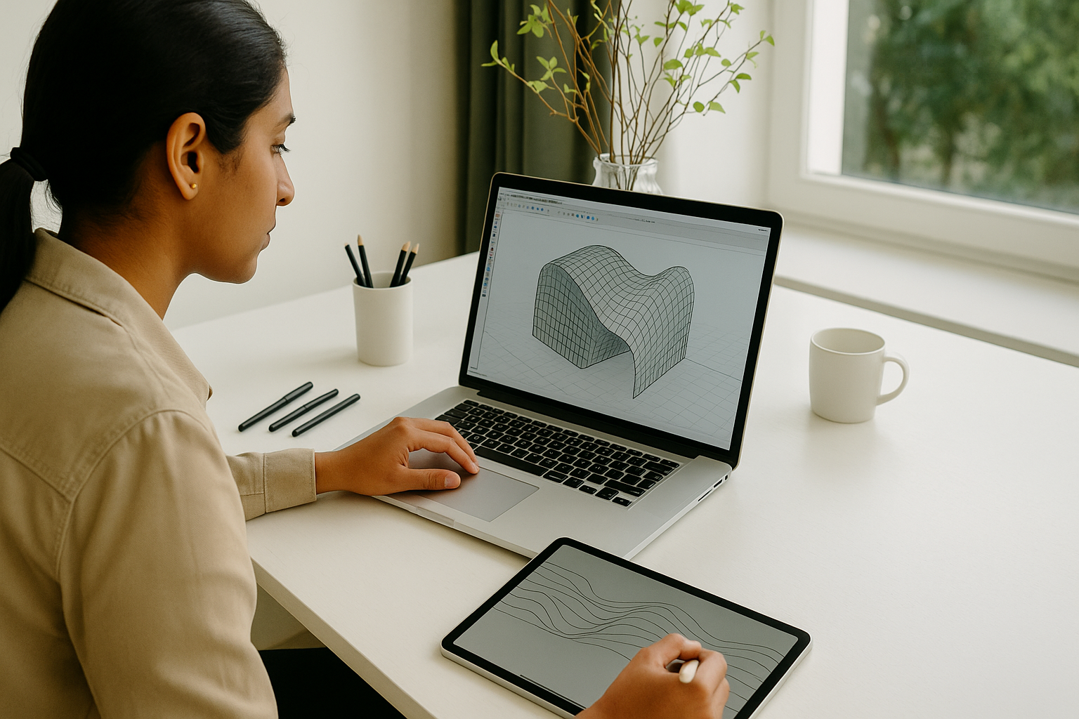 Architecture students studying and designing parametric façades on a laptop.