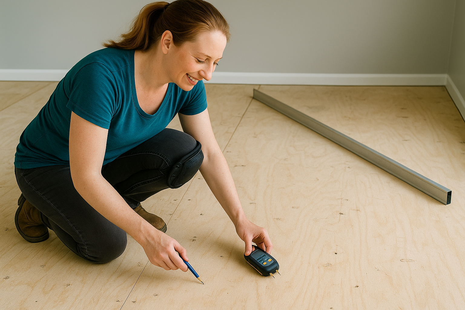 Installer inspecting plywood subfloor for soft spots and issues.