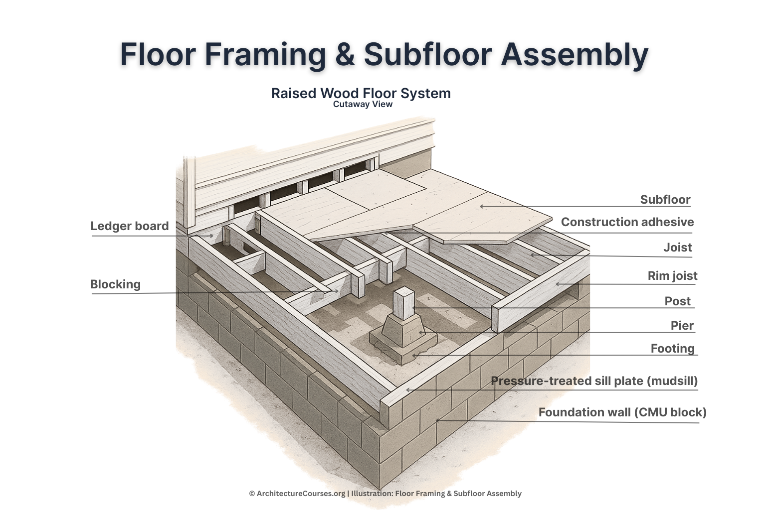 Diagram highlighting subfloor layers and their role within the overall floor framing system.
