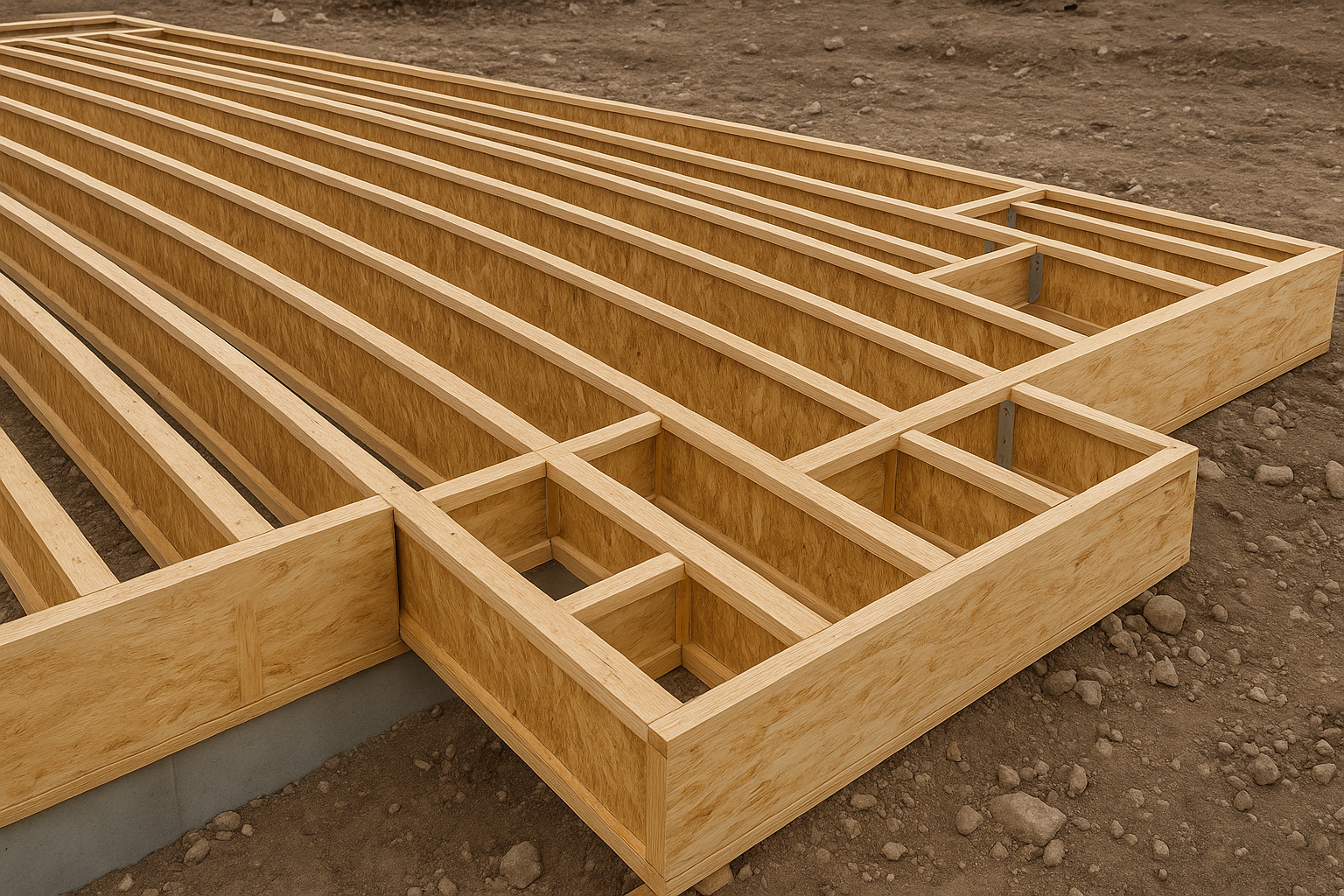 A typical North American TJI floor system showing rim boards, I-joists, blocking, and a cantilever framed over a concrete foundation.
