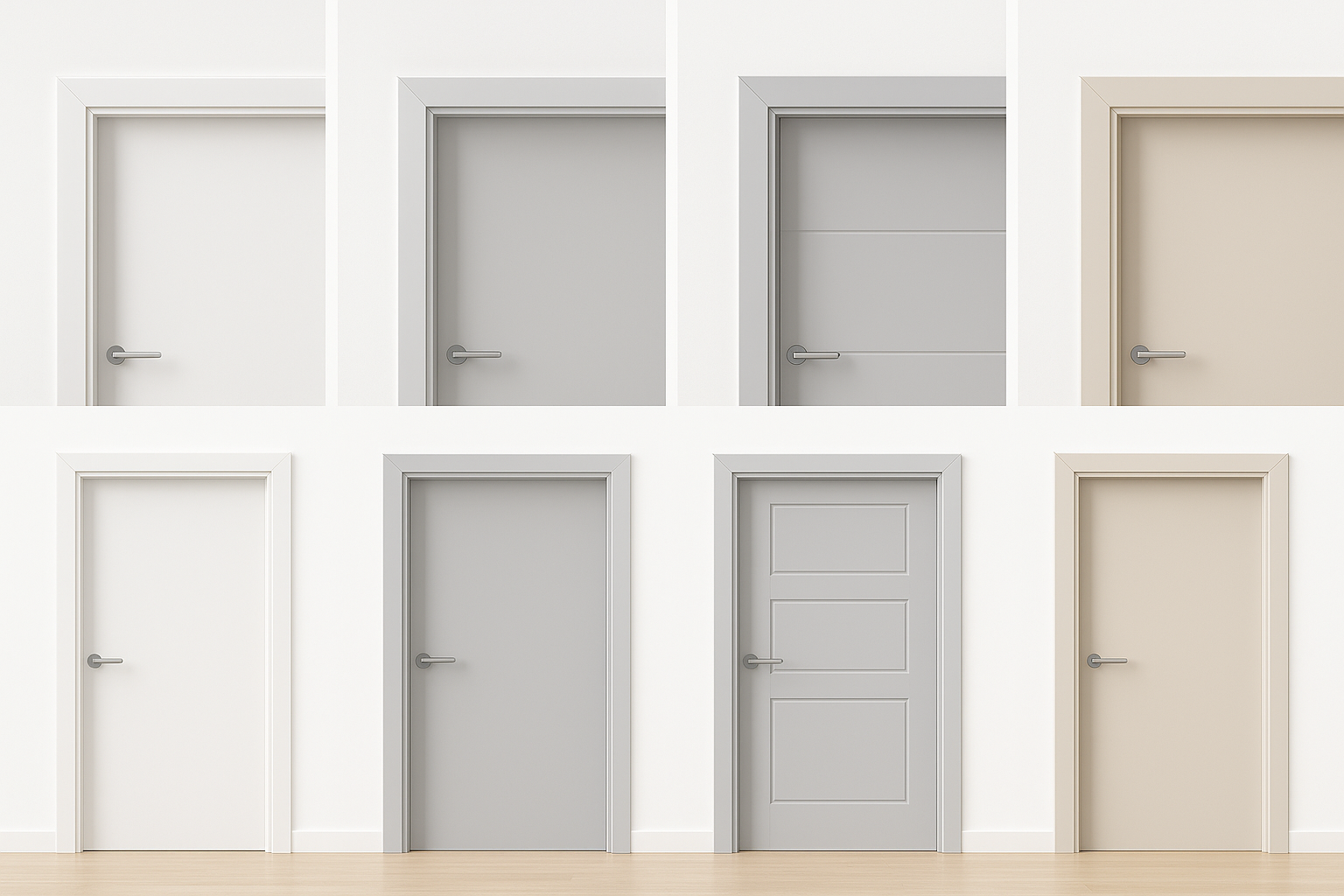A set of uPVC door frames shown in clean modern styles with white and light gray finishes.