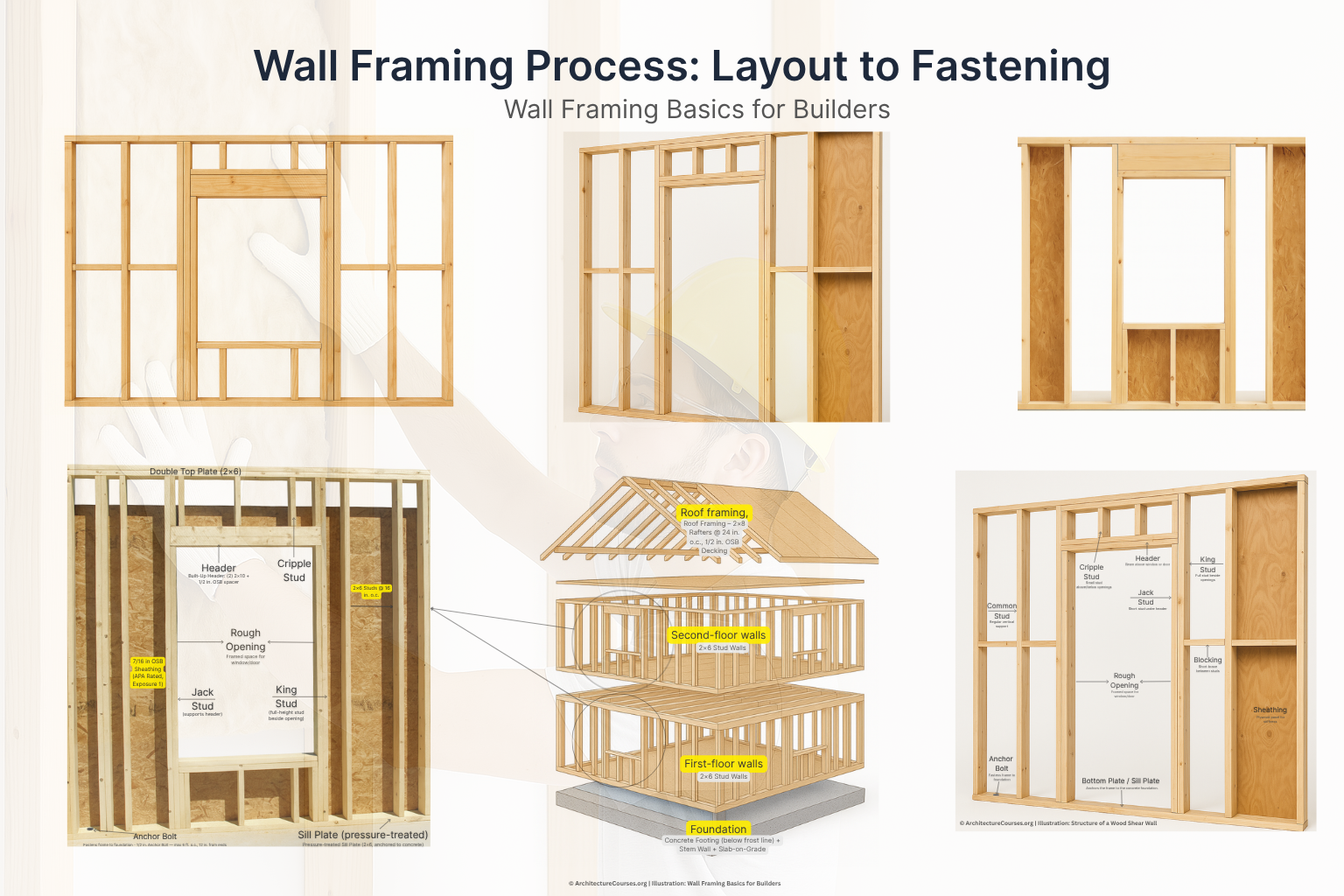 Infographic showing wall framing steps from layout to fastening.