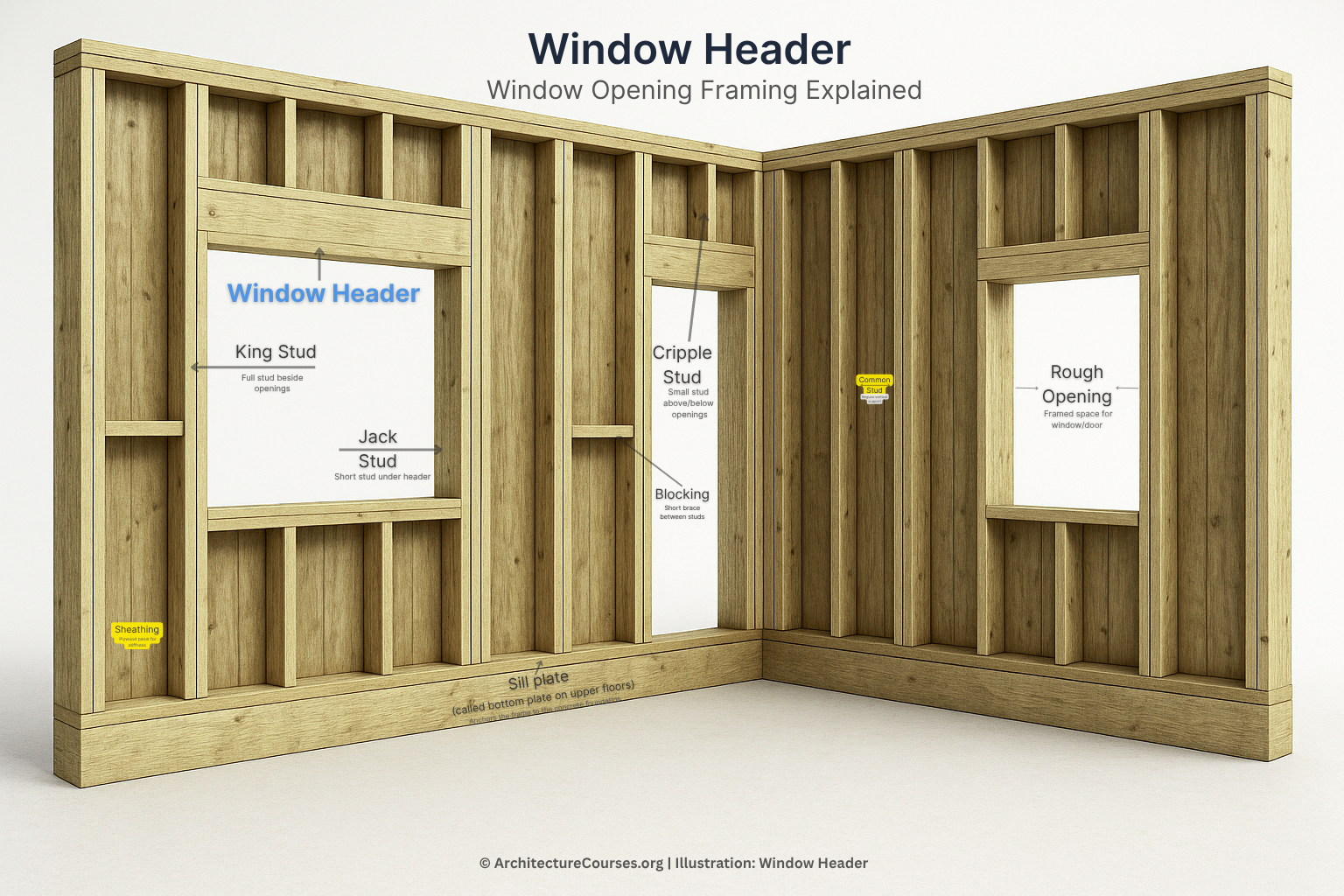 Infographic showing a window opening framed with a header and supporting studs.