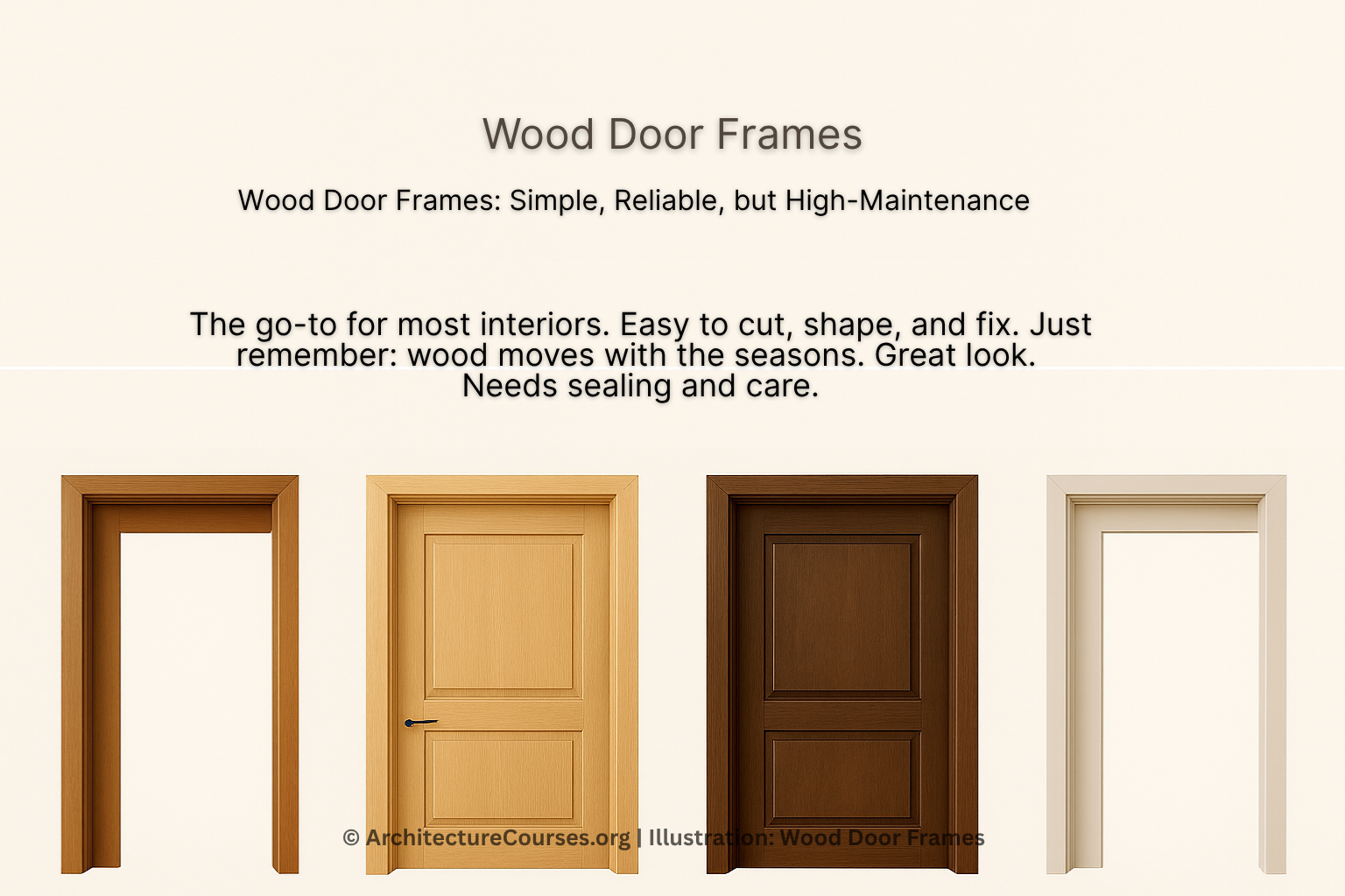 Various wood door frame designs in natural, painted, and stained finishes.