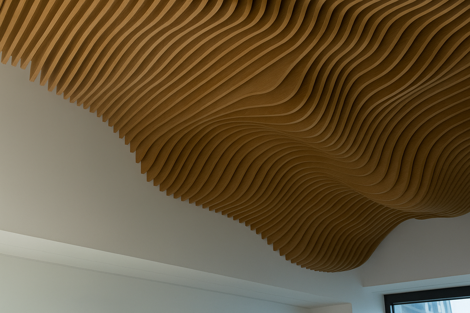 Modern interior ceiling featuring parametric geometric patterning in wood.