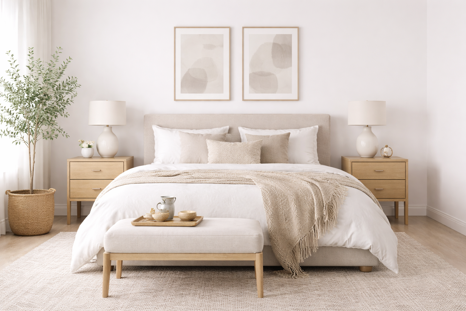Bedroom interior showing calm rhythm through repeated textures, balanced symmetry, soft lighting, and gradual tonal transitions.