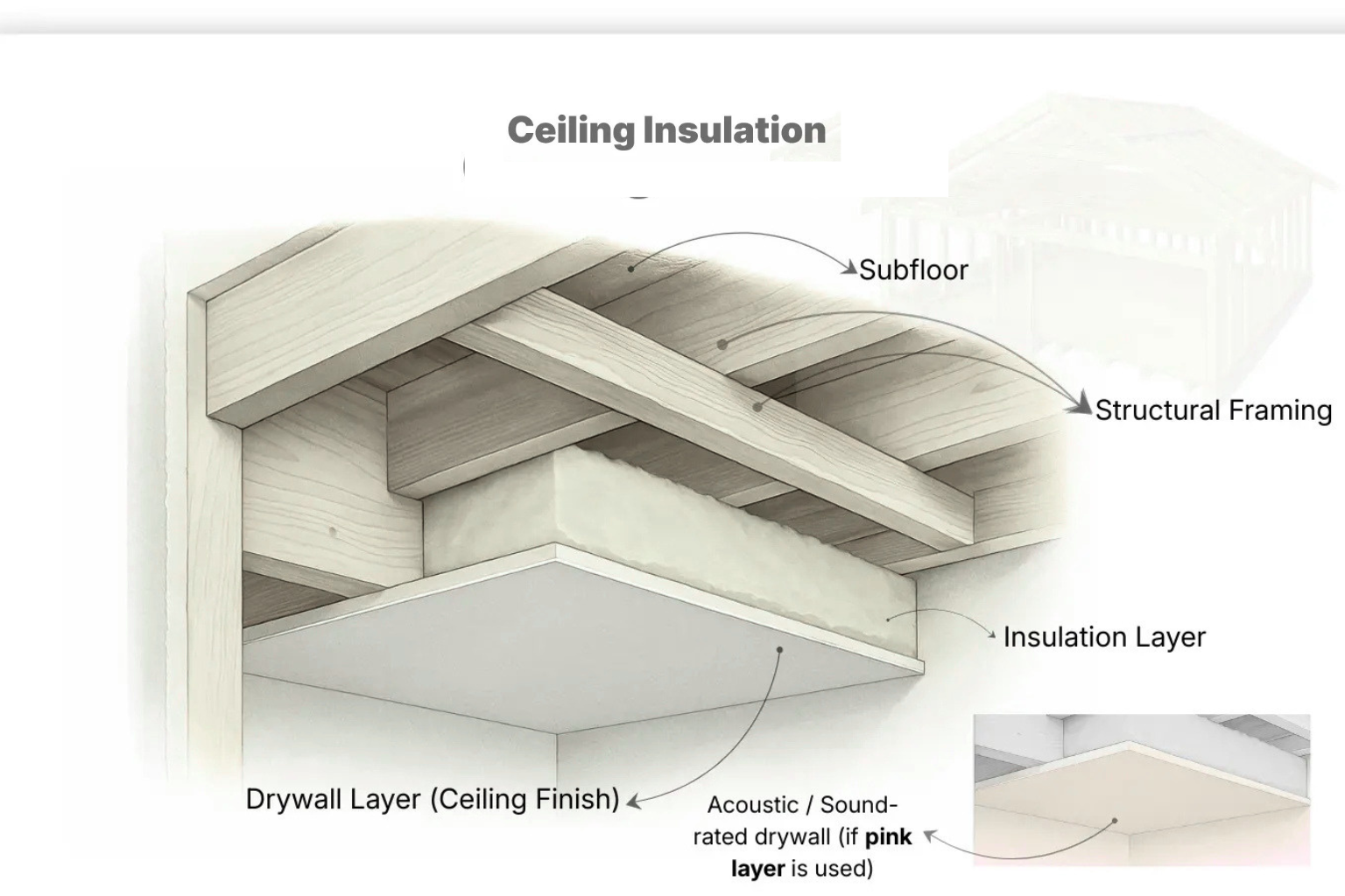 Cutaway diagram showing basic ceiling insulation and assembly layers.