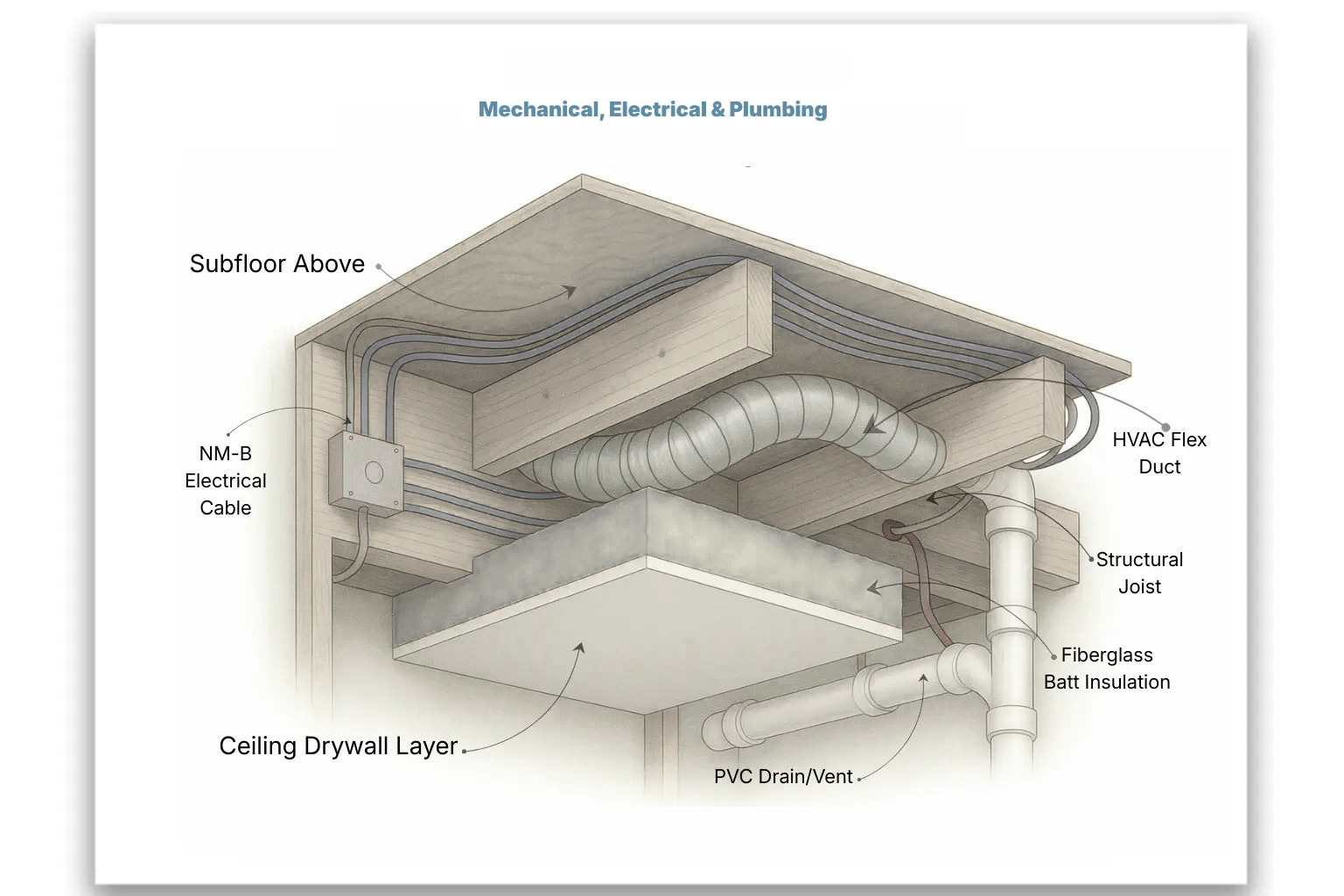 Cutaway illustration of a ceiling cavity showing electrical wiring, HVAC flex duct, plumbing drain and vent pipes, insulation, drywall, and structural joists.