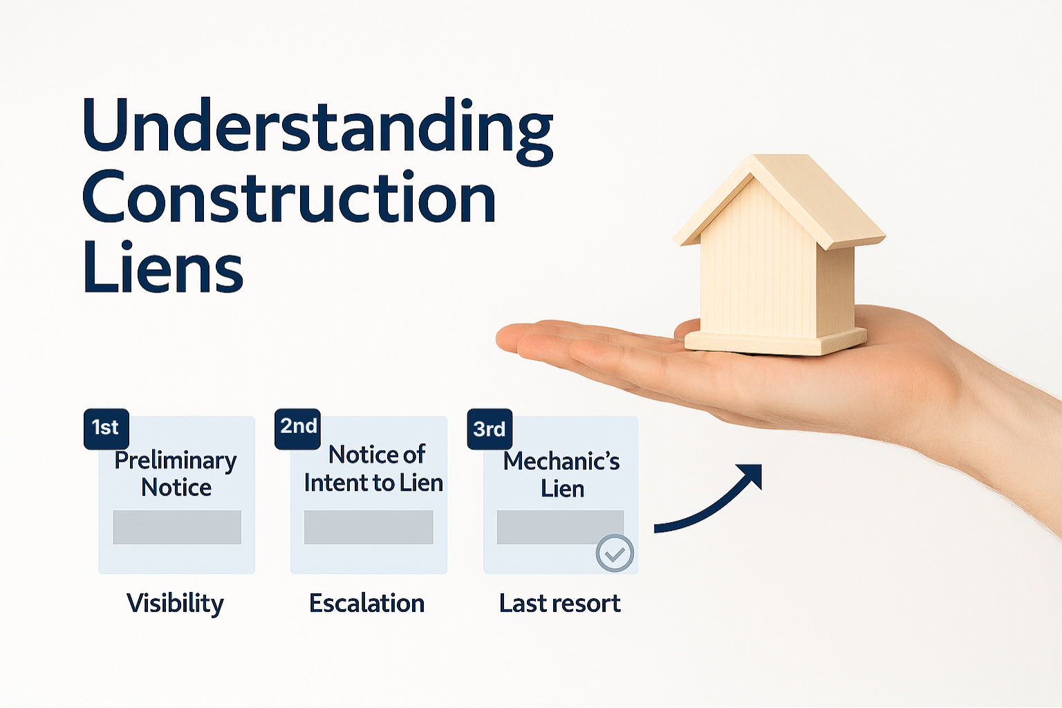 Infographic showing the three steps of construction liens: preliminary notice, notice of intent to lien, and mechanic’s lien.