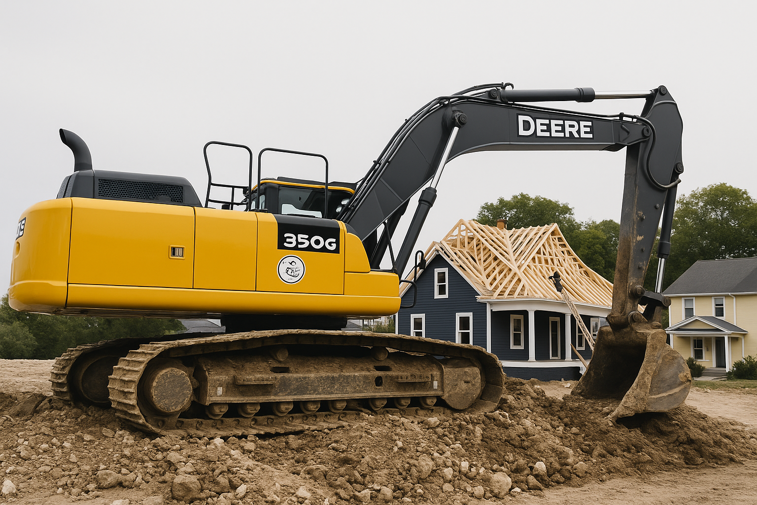 Excavator performing groundwork beside a house under active roof framing.
