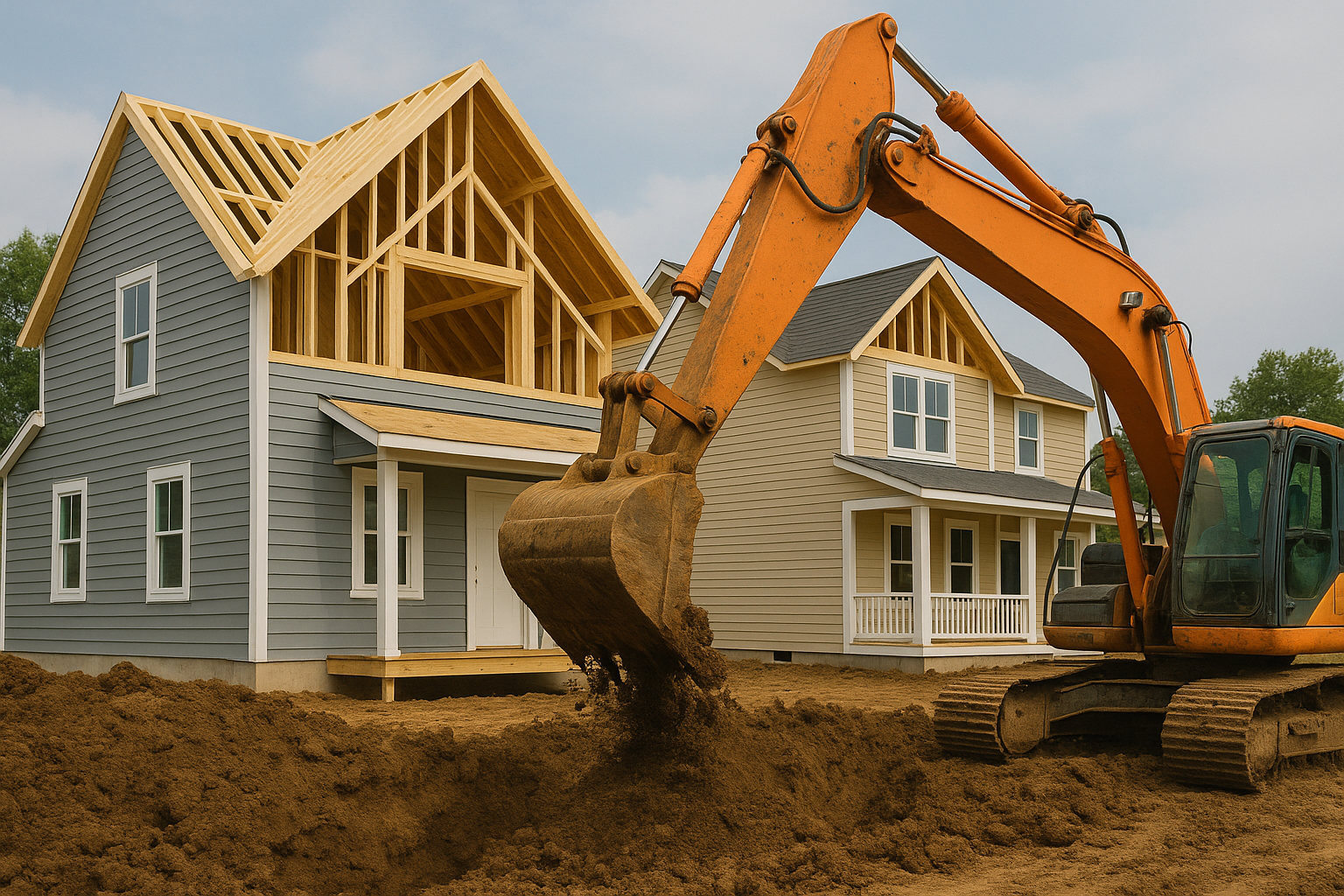 Excavator digging soil in front of two houses under active construction.