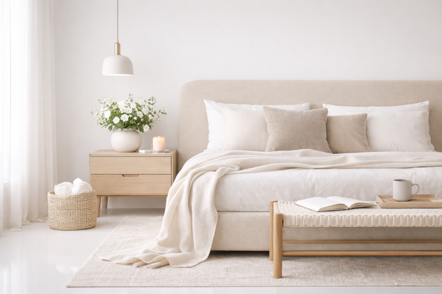 Minimal bedroom interior expressing harmony through neutral colors, natural light, soft textures, and clear visual balance.